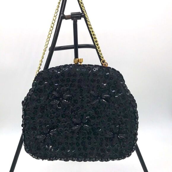 Vintage Black Beaded Tote Bag Purse - Picture 1 of 6